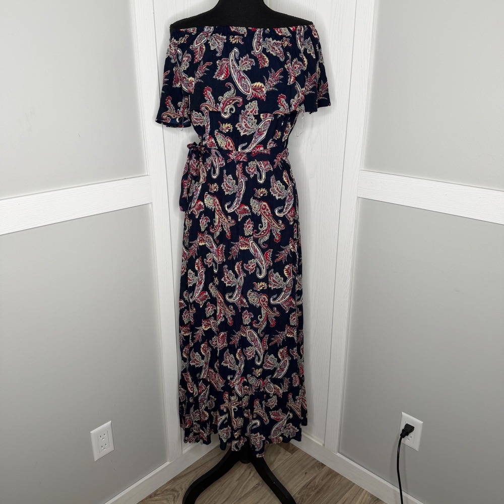 Margaux Riviera Maxi Dress Womens Medium Navy Blue Paisley Off Shoulder Ruffle